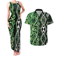 Green Aotearoa Couples Matching Tank Maxi Dress and Hawaiian Shirt Taniko Motifs With Paua Shell Kowhaiwhai