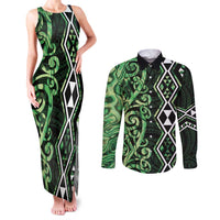 Green Aotearoa Couples Matching Tank Maxi Dress and Long Sleeve Button Shirt Taniko Motifs With Paua Shell Kowhaiwhai