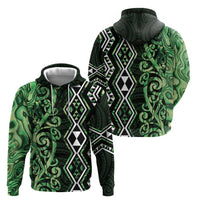 Green Aotearoa Hoodie Taniko Motifs With Paua Shell Kowhaiwhai