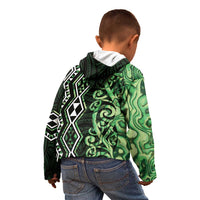 Green Aotearoa Kid Hoodie Taniko Motifs With Paua Shell Kowhaiwhai