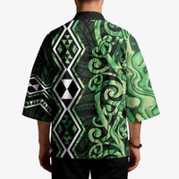 Green Aotearoa Kimono Taniko Motifs With Paua Shell Kowhaiwhai - Polynesian Pride