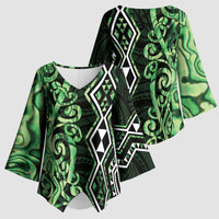 Green Aotearoa Kimono Sleeve Blouse Taniko Motifs With Paua Shell Kowhaiwhai - Polynesian Pride