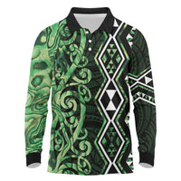 Green Aotearoa Long Sleeve Polo Shirt Taniko Motifs With Paua Shell Kowhaiwhai LT14 Green - Polynesian Pride
