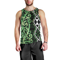 Green Aotearoa Men Tank Top Taniko Motifs With Paua Shell Kowhaiwhai