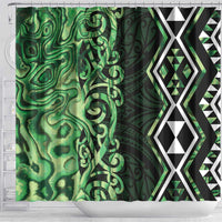 Green Aotearoa Shower Curtain Taniko Motifs With Paua Shell Kowhaiwhai