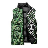 Green Aotearoa Sleeveless Puffer Jacket Taniko Motifs With Paua Shell Kowhaiwhai LT14 - Polynesian Pride