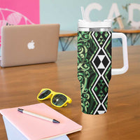 Green Aotearoa Tumbler With Handle Taniko Motifs With Paua Shell Kowhaiwhai