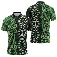 Green Aotearoa Zipper Polo Shirt Taniko Motifs With Paua Shell Kowhaiwhai - Polynesian Pride