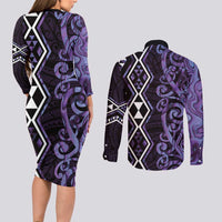 Purple Aotearoa Couples Matching Long Sleeve Bodycon Dress and Long Sleeve Button Shirt Taniko Motifs With Paua Shell Kowhaiwhai