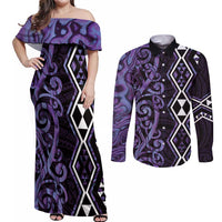 Purple Aotearoa Couples Matching Off Shoulder Maxi Dress and Long Sleeve Button Shirt Taniko Motifs With Paua Shell Kowhaiwhai