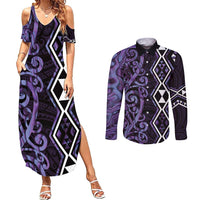 Purple Aotearoa Couples Matching Summer Maxi Dress and Long Sleeve Button Shirt Taniko Motifs With Paua Shell Kowhaiwhai