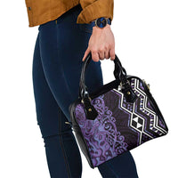Purple Aotearoa Shoulder Handbag Taniko Motifs With Paua Shell Kowhaiwhai