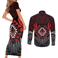 Aotearoa Kiwi Taniko Couples Matching Short Sleeve Bodycon Dress and Long Sleeve Button Shirt Silver Fern With Maori Koru Pattern