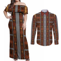 Malo e Lelei Tonga Couples Matching Off Shoulder Maxi Dress and Long Sleeve Button Shirt Tongan Ngatu Tapa Cloth - Polynesian Pride