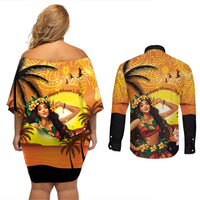 Aloha Hawaii Women's Day Couples Matching Off Shoulder Short Dress and Long Sleeve Button Shirt Hula Girl With Sunset Vibes LT14 - Polynesian Pride