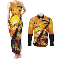 Aloha Hawaii Women's Day Couples Matching Tank Maxi Dress and Long Sleeve Button Shirt Hula Girl With Sunset Vibes LT14 Yellow - Polynesian Pride