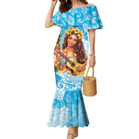 Aloha Hawaii Women's Day Family Matching Mermaid Dress and Hawaiian Shirt Hula Girl With Ukulele Tropical Style LT14 Mom's Dress Blue - Polynesian Pride