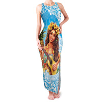 Aloha Hawaii Women's Day Family Matching Tank Maxi Dress and Hawaiian Shirt Hula Girl With Ukulele Tropical Style LT14 Mom's Dress Blue - Polynesian Pride