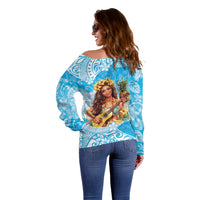 Aloha Hawaii Women's Day Off Shoulder Sweater Hula Girl With Ukulele Tropical Style LT14 - Polynesian Pride
