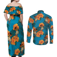 Hawaii Luau Party Couples Matching Off Shoulder Maxi Dress and Long Sleeve Button Shirt Dancing Girl Tropical Flowers LT14 - Polynesian Pride