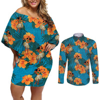 Hawaii Luau Party Couples Matching Off Shoulder Short Dress and Long Sleeve Button Shirt Dancing Girl Tropical Flowers LT14 Blue - Polynesian Pride