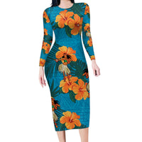 Hawaii Luau Party Family Matching Long Sleeve Bodycon Dress and Hawaiian Shirt Dancing Girl Tropical Flowers LT14 Mom's Dress Blue - Polynesian Pride