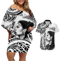 New Zealand Women's Day Couples Matching Off Shoulder Short Dress and Hawaiian Shirt Aotearoa Kia Whakapumau Te Mana Wahine LT14 White - Polynesian Pride