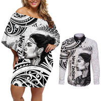 New Zealand Women's Day Couples Matching Off Shoulder Short Dress and Long Sleeve Button Shirt Aotearoa Kia Whakapumau Te Mana Wahine LT14 White - Polynesian Pride