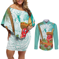 Hawaii Cinco de Mayo Couples Matching Off Shoulder Short Dress and Long Sleeve Button Shirt Chili Pepper Hula Girl Tropical Vibes