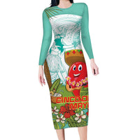 Hawaii Cinco de Mayo Family Matching Long Sleeve Bodycon Dress and Hawaiian Shirt Chili Pepper Hula Girl Tropical Vibes LT14 Mom's Dress Turquoise - Polynesian Pride