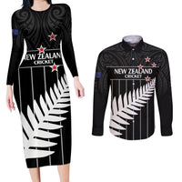 Custom New Zealand Silver Fern Cricket Couples Matching Long Sleeve Bodycon Dress and Long Sleeve Button Shirt Aotearoa Maori Go Black Cap LT14 Black - Polynesian Pride