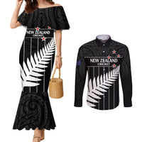Custom New Zealand Silver Fern Cricket Couples Matching Mermaid Dress and Long Sleeve Button Shirt Aotearoa Maori Go Black Cap LT14 Black - Polynesian Pride