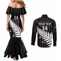 Custom New Zealand Silver Fern Cricket Couples Matching Mermaid Dress and Long Sleeve Button Shirt Aotearoa Maori Go Black Cap LT14 - Polynesian Pride