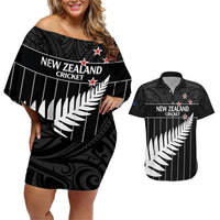 Custom New Zealand Silver Fern Cricket Couples Matching Off Shoulder Short Dress and Hawaiian Shirt Aotearoa Maori Go Black Cap LT14 Black - Polynesian Pride