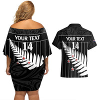 Custom New Zealand Silver Fern Cricket Couples Matching Off Shoulder Short Dress and Hawaiian Shirt Aotearoa Maori Go Black Cap LT14 - Polynesian Pride