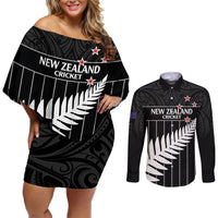 Custom New Zealand Silver Fern Cricket Couples Matching Off Shoulder Short Dress and Long Sleeve Button Shirt Aotearoa Maori Go Black Cap LT14 Black - Polynesian Pride
