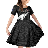 Custom New Zealand Silver Fern Cricket Family Matching Mermaid Dress and Hawaiian Shirt Aotearoa Maori Go Black Cap LT14 Daughter's Dress Black - Polynesian Pride