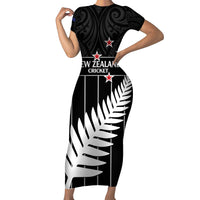 Custom New Zealand Silver Fern Cricket Short Sleeve Bodycon Dress Aotearoa Maori Go Black Cap LT14 Long Dress Black - Polynesian Pride
