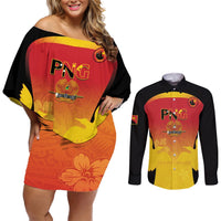 Custom Papua New Guinea Cricket Couples Matching Off Shoulder Short Dress and Long Sleeve Button Shirt 2024 Go PNG LT14 Black - Polynesian Pride