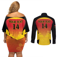 Custom Papua New Guinea Cricket Couples Matching Off Shoulder Short Dress and Long Sleeve Button Shirt 2024 Go PNG LT14 - Polynesian Pride
