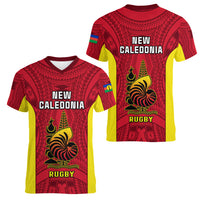 New Caledonia Rugby Women V Neck T Shirt Coat Of Arms Mix Polynesian Pattern LT14 - Polynesian Pride