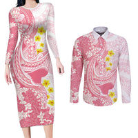 Pink Hawaii Shark Tattoo Couples Matching Long Sleeve Bodycon Dress and Long Sleeve Button Shirt Puakenikeni Lei Plumeria Polynesian Pattern LT14 Pink - Polynesian Pride