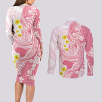 Pink Hawaii Shark Tattoo Couples Matching Long Sleeve Bodycon Dress and Long Sleeve Button Shirt Puakenikeni Lei Plumeria Polynesian Pattern LT14 - Polynesian Pride