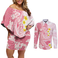 Pink Hawaii Shark Tattoo Couples Matching Off Shoulder Short Dress and Long Sleeve Button Shirt Puakenikeni Lei Plumeria Polynesian Pattern LT14 Pink - Polynesian Pride