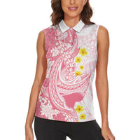 Pink Hawaii Shark Tattoo Women Sleeveless Polo Shirt Puakenikeni Lei Plumeria Polynesian Pattern LT14 - Polynesian Pride