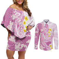 Purple Hawaii Shark Tattoo Couples Matching Off Shoulder Short Dress and Long Sleeve Button Shirt Puakenikeni Lei Plumeria Polynesian Pattern LT14 Purple - Polynesian Pride