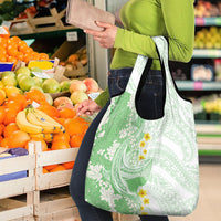 Green Hawaii Shark Tattoo Grocery Bag Puakenikeni Lei Plumeria Polynesian Pattern