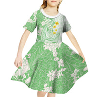 Green Hawaii Shark Tattoo Kid Short Sleeve Dress Puakenikeni Lei Plumeria Polynesian Pattern