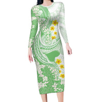 Green Hawaii Shark Tattoo Long Sleeve Bodycon Dress Puakenikeni Lei Plumeria Polynesian Pattern