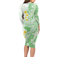 Green Hawaii Shark Tattoo Long Sleeve Bodycon Dress Puakenikeni Lei Plumeria Polynesian Pattern